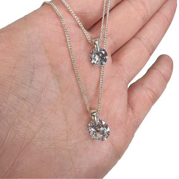 Cubic Zirconia Double Layered Dainty Silver Chain Necklace - Picture 3 of 15